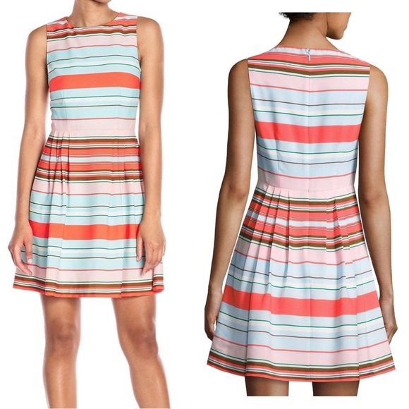 CeCe l Cynthia Steffe Claiborne Striped Rainbow Pleated Clearwater Aline Dress 0 - Picture 1 of 13